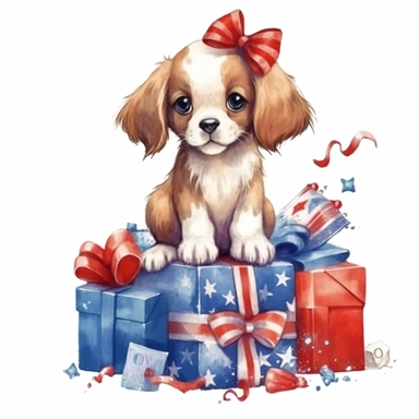 4th of July watercolor illustration clipart, cute baby dog with little gift, white background