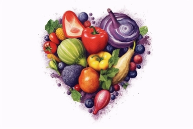 Watercolor, Craft a heart shape using intertwined fruits or vegetables clipart, hd, on a white background, spaced out