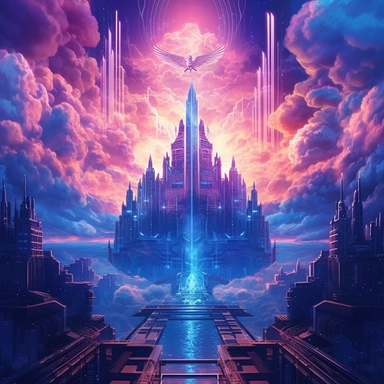 Heaven if it were cyberpunk, volumetric, neon, clouds, bright lights, angelic, beautiful scenery, highly detailed, with a white background, in the style of Pixar clipart, and no cut off edges