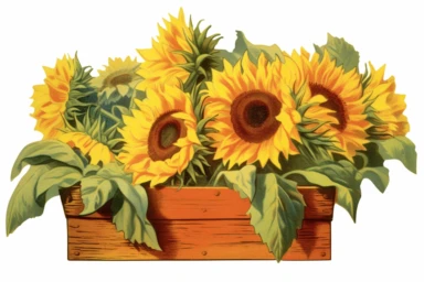 Vintage 1920 detailed open box of sunflowers Illustration , Chromolithograph, Die Cut, 1920s Illustration, Vintage, Chromolithograph, Colorful, Antique, Ephemera, Clipart, 8k, Isolated on white