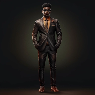 a handsome African-America male model, wearing a smart designer three-piece suit, curly faded haircut, leather shoes, clipart in the style of digital airbrushing, realistic face, realistic body, full perspective and long shot, black background
