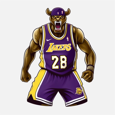 Original LA lakers, Lebron as funny animals playing basketball. Comic Design 3d clipart with black contours. White background