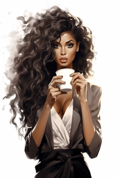 Beautiful boss lady style black woman long hair drinking coffee glitter cup clipart high detail,