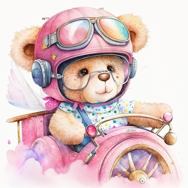 watercolor clipart cute happy girl teddy bear wearing pilot glasses on driving pink plane, white background