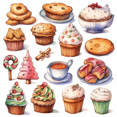 Christmas cookies style by Lucy Fleming, watercolor, smooth gradients, black contour outline, ultra detailed, clipart elements, delicate pastel colors, solid white background, super clear, high quality
