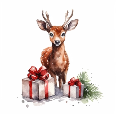one christma deer and gift box watercolor clipart on a white background, in the style of detailed nature depictions, whimsical drawings , no watermark, text, 300 DPI , typography, shapes do not stick together, no text in the picture, on a white background