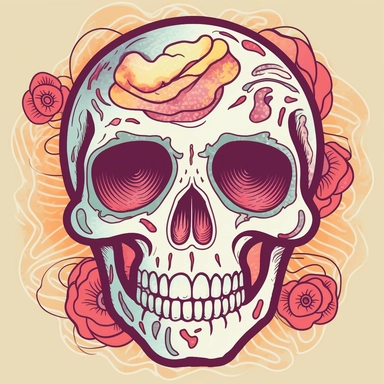 create a clipart-style illustration of a skull with a Grateful Dead-inspired design, where colorful images are placed only on the skull itself, resembling tattoos. The skull should have an expression that appears to be laughing or joyful, adding a playful element to the artwork. Begin by sketching the outline of a skull, focusing on capturing its distinct features such as the eye sockets, nasal cavity, and jawline. Keep the lines clean and simple, adhering to the clipart style. Within the confin