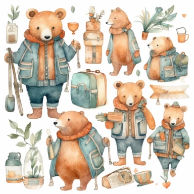 traveling bears clipart set, in the style of light orange and dark aquamarine, whimsical floral scenes, realistic watercolor paintings, plush doll art, transparent layers, textured shading, pastel tones, vector, illustration, on white background