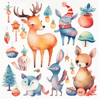 Create a set of watercolor clipart images with a whimsical Christmas theme. Include elements such as cute animals in festive costumes, playful elves, and magical Christmas scenes. The images should have a playful, lighthearted feel with clear lines and bright, cheerful colors. The clipart should be perfect for use in children's holiday crafts and other whimsical projects.