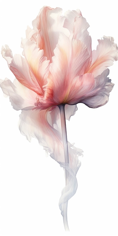Watercolor Painting of SINGLE STEAM RES TULIP FLOWER on white background beautiful multi - headed pale, Flora Design Patterns, Flemish Baroque by Rachel Ruysch, Behance, Rococo, Intricate Detailed, Soft Light Effect, Oil Paint Strokes, Light Academia Aesthetic Flowers, Lighting cinematic, all shown shimmering stamens, tyndall light, light effect, texture, colorful, 8k, fantasy, ray tracing, depth of field, vivid, spectacular lighting, octane rendering, highly detailed, ultra - realistic, white b