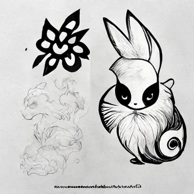 Pokémon style animal, tattoo flash sheet, separate images, black and white, sticker, line art, clipart, white border