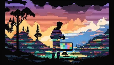A silhouette of a computer programmer coding on a CRT screen, surrounded by a landscape of colorful, pixelated graphics. The background is a wash of warm, earthy tones, reflecting the rise of digital clipart in the computer age, hand-drawn, watercolor, wet paint, mixed media 4k, pantone, Dot, Large, Accent Lighting, high detail, Carbonated