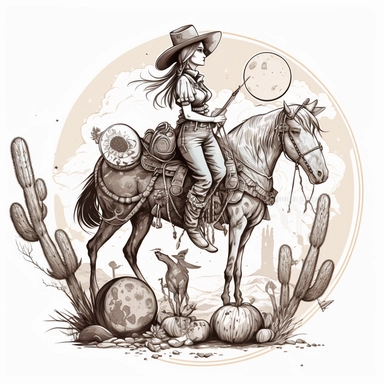 hand drawn clipart, country cowgirl with horse, rope, barrel. cactus, gun, mooon, stars, planets, cowboy hat, boots