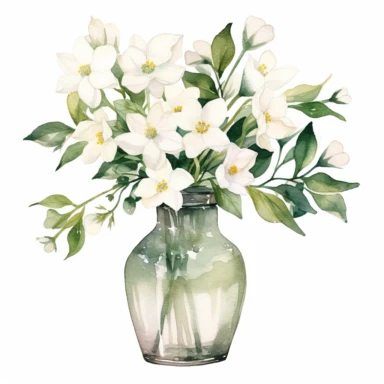 Set of watercolour night jasmin flower clipart in a flower-vase white background