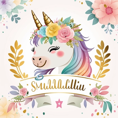 cute unicorn in chibi style with flowers in hair, colourful rainbow colours, well lite, with name plate ribbon with gold trim, watercolor clipart using procreate grain brush, svg white background
