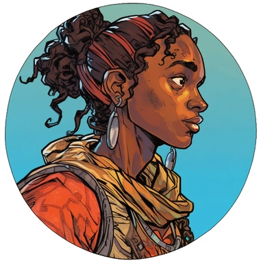 A circular tondo depicting a Dungeons & Dragons character lightly-armored dark-skinned African-heritage elf elvish woman weathered grungy hobo badass survivalist ranger warrior, Mike Allred Josh Kirby Mad Max Lord of the Rings, handpainted retrowave, clipart illustration, circle solid background