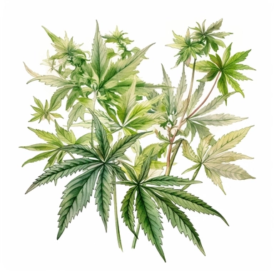 Clipart, vintage, watercolor, Cannabis sp, multifogliate, botanical illustration, hand drawn, texture