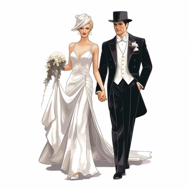 Bride and groom full body, fancy bride dress, high level of detail, vector clipart, white background