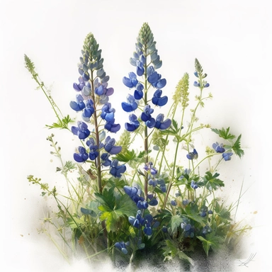 a simple gorgeous Bluebonnet - blue flowers and tall green grasses on white background clipart, watercolor painting realistic, high quality, vibrant, Vicente Romero Redondo, Willem van Aelst