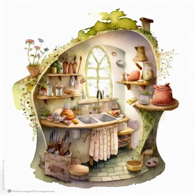 A hyper - detailed illustration watercolor clipart of a whimsical kitchen of a fairy house built out of natural materials by a human, complete kitchen utensil and kitchenware and foods in preparation watercolor illustration, illustration style a combination of Beatrix Potter and Tove Jansson, isolated on white background with margins, cut - out images, zoom on table , close up view