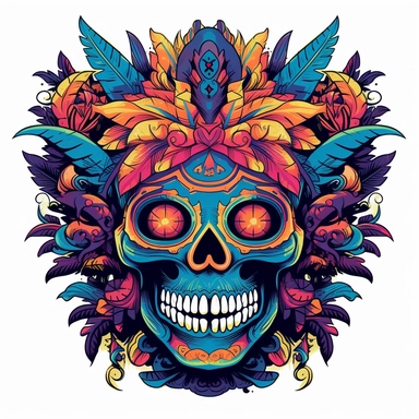 isolated flat clipart on a white background of a spooky day of dead themed voodoo mask tshirt design graphic, in the style of daniel f. gerhartz, transcendent, nikon d850, art of burma, captures the essence of nature, in the style of organic forms and patterns, expansive skies, hyper-detailed illustrations, i can't believe how beautiful this is, lively colors