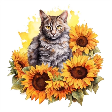 sunflowers and siamese drawn in watercolor, vector design, cutout,Sublimation Clipart ,Cartoon,hyper realistic, intricate detail, illustration style,high solution,on the white background