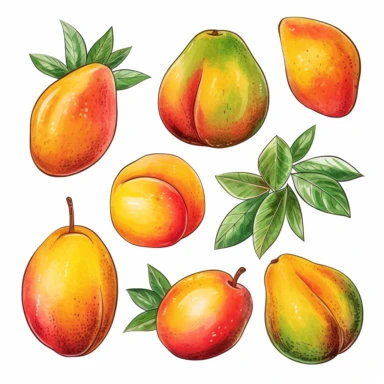 Draw a set of playful and colorful, watercolor style illustrations of mangos, evenly space elements for clipart, white background