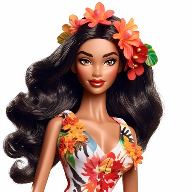Beautiful pretty barbie doll hawaiian style, dark hair, paint art style, detail, clipart, white background, superrealistic, one of a kind