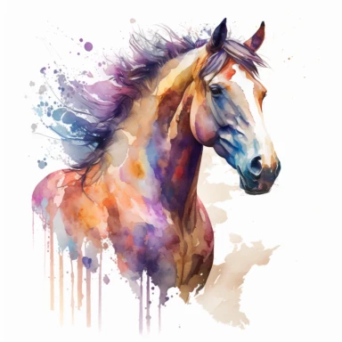a watercolor clip art style portrait of a horse. The horse should be positioned at a three-quarter angle with its head turned slightly towards the viewer. Use bright, vibrant colors and loose, flowing brushstrokes to create a sense of movement and energy. Include details such as the horse's mane and tail, and add a subtle background of abstract shapes to enhance the composition.