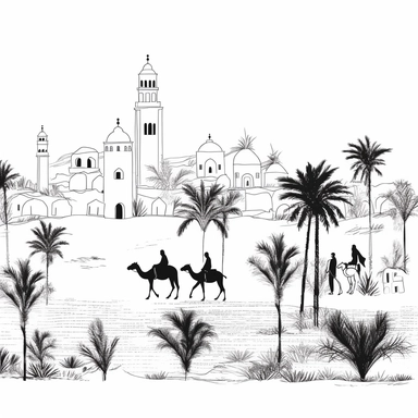 clip art simple line drawing palm trees, camels, church, mosque, dome of the rock, olive branches, donkey, lavender, rosemary. black simple line drawing on white background.