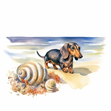 Dachshund taking a leisurely stroll along a sandy beach, with the gentle waves and seashells in the backdrop, capturing the joy and freedom of a beach outing, white background, watercolor clipart.