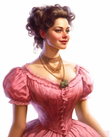 detailed smiling beautiful lady , dressed in a pink victorian vintage dress with necklace, hyper realistic, 8k, isolated on white backgorund, clipart