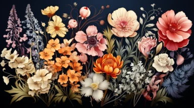 clipart,a set of colorful flowers, leaves, stems, full view, watercolor illustratuion, romantic, vintage postcard style, vibrant color, high quality, black background,