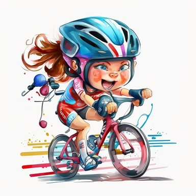 a watercolor painting of chibi Triathlete girl riding a triathlon bicycle, wearing bicycle helmet, wearing a triathlon gear, with athletic outfits, full body, smiling, both hands over the aerobars, Sport graphics, action clipart, 8k, watercolor, isolated on white background, 3d