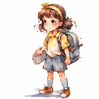 watercolor, education png Full body realistic cartoon in 32K UHD cute. 15 cm thick outline. Black color. There was no shadow on the ground. 8k with realistic watercolors and detailed illustrations. PNG clipart, transparent white background