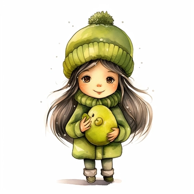 winter, a happy little cute girl in a five-year-old, avocado green, style by Lusy Fleming, folk art, watercolor, clipart elements, smooth gradients, black contour outline, ultra detailed, white background, super clear, high quality