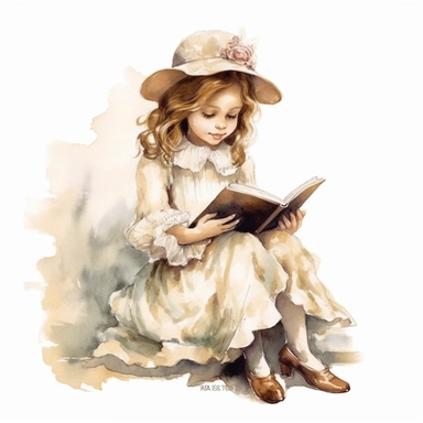 victorian vintage adorable little girl reading book, full body, pastel beige colors, clipart style, watercolor technique, super high quality, professional watercolor clipart, high resolution
