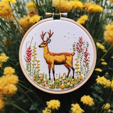 Hand embroidered deer clipart on a flat white background 2, standing on the grass, It is surrounded by small yellow and red flowers In the shape of a circle,