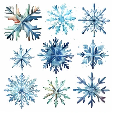 watercolor, Set of line drawing illustrations of snowflakes. png Full body realistic cartoon in 32K UHD cute. 15 cm thick outline. Black color. There was no shadow on the ground. 8k with realistic watercolors and detailed illustrations. PNG clipart, transparent white background