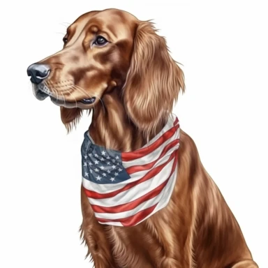 irish setter with an American flag bandana, hyper-realistic watercolor illustration, 3d, 8k high definition, highly detailed, masterpiece, clip art, white background