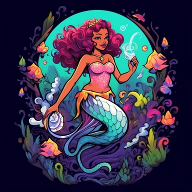 a clipart art T-shirt design black African American magical color colorful mermaid of the the sea cartoon Disney Pixar