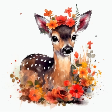 adorable baby deer, full body With Flower Wreaths vibrant colors, red mushroom, outline black, highly detailed, oilpainting clipart white backround
