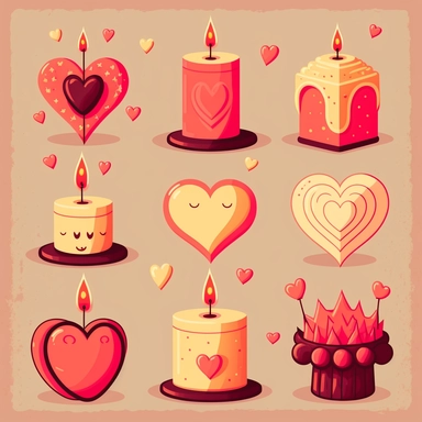 Create a set of playful, cartoon-style clip art images featuring candles with a Valentine's Day theme. The images should have a fun and romantic aesthetic, incorporating elements such as candles in various shapes and sizes, hearts and cupids, or other symbols of love and romance. The images should be depicted in a variety of styles and sizes, with added details such as texture, shading, or other realistic features. The cartoon style should add a fun and playful element. Overall, the images shoul