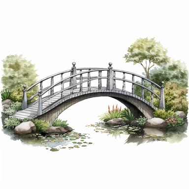 one garden bridge clipart on a white background, in the style of chie yoshii, heavy texture, artgerm, hiroshige, realistic and naturalistic textures, nature-inspired shapes, die brücke , no watermark, text, 300 DPI , typography, shapes do not stick together, no text in the picture, on a white background