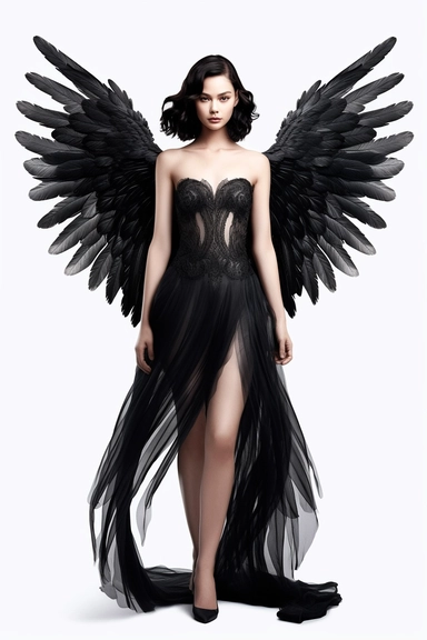 clipart Award - winning concept art, mood, a young woman with angel wings in a black dress on a white background, in the style of sculptural costumes, uhd image, figuration libre, matte photo, fine art, studio lighting,
