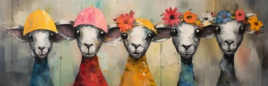 a row of cute miniature lambs, a collage of mixed media art made with tissue paper, magazine and newspaper clippings, oil paint, graphite pencil lines and fabric, in the style of playful surrealism, whimsical, washi tape