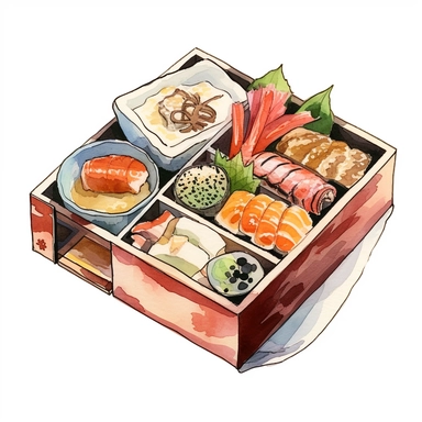 Kaiseki (traditional Japanese multi-course meal) watercolor clipart in white background