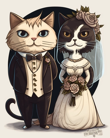 clipart of bride is a cat with a wedding dress on the groom is a cat with a tuxedo on a cat getting married