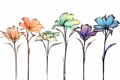 ink drawing six flowers clipart, ink style, ink drawing, free-hand light color strokes under ink lines, vector style, prominent ink strokes, flat style, prominent line style, white background, spaced out, do not intersect images, spacing between elements, single thickness lines, no shadows, few details, only lines, only black lines, no volume, hand drawn ink drawing, elegant shapes