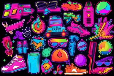 Retro 80s 90s clipart set. Neon colors y2k fashion patch, badge, emblem, stickers.